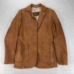 VTG David James Women’s Tan Brown Leather Western Jacket Sz 9/10 USA Made Disco